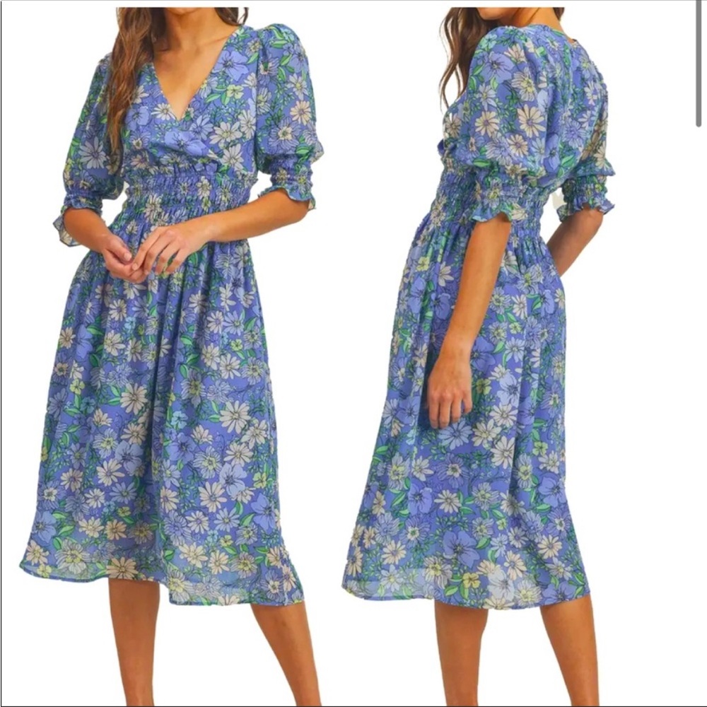 Lush Smocked Waist Surplice Blue Green Floral Midi Dress NWT
